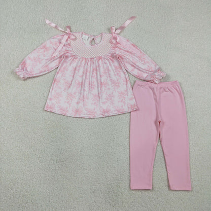 RTS Sibling Baby Girls Kids Long Sleeves Embroidery Flower Pink Bows Romper Sets Clothes