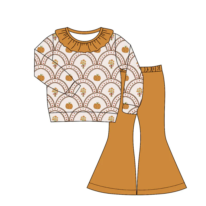 Preorder Baby Girls Kids Long Sleeves Pumpkins Bows Flower Ruffle Shirt Bell Pants Set Fall Clothes  ( Moq 5 )