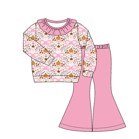 Preorder Baby Girls Kids Long Sleeves Pumpkins Bows Flower Ruffle Shirt Bell Pants Set Clothes ( Moq 5 )