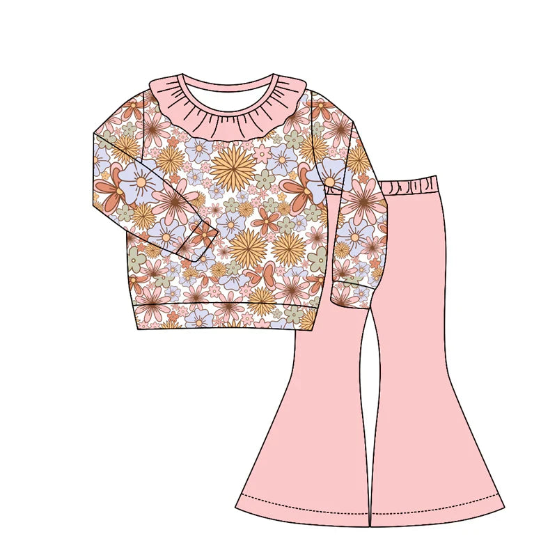 Preorder Baby Girls Kids Long Sleeves Flower Ruffle Shirt Pink Bell Pants Set Clothes ( Moq 5 )