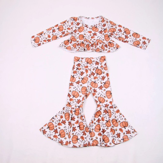 Preorder Baby Girls Kids Pumpkins Leaves Ruffle Tops Bell Pants Set Fall Clothes ( Moq 5 )