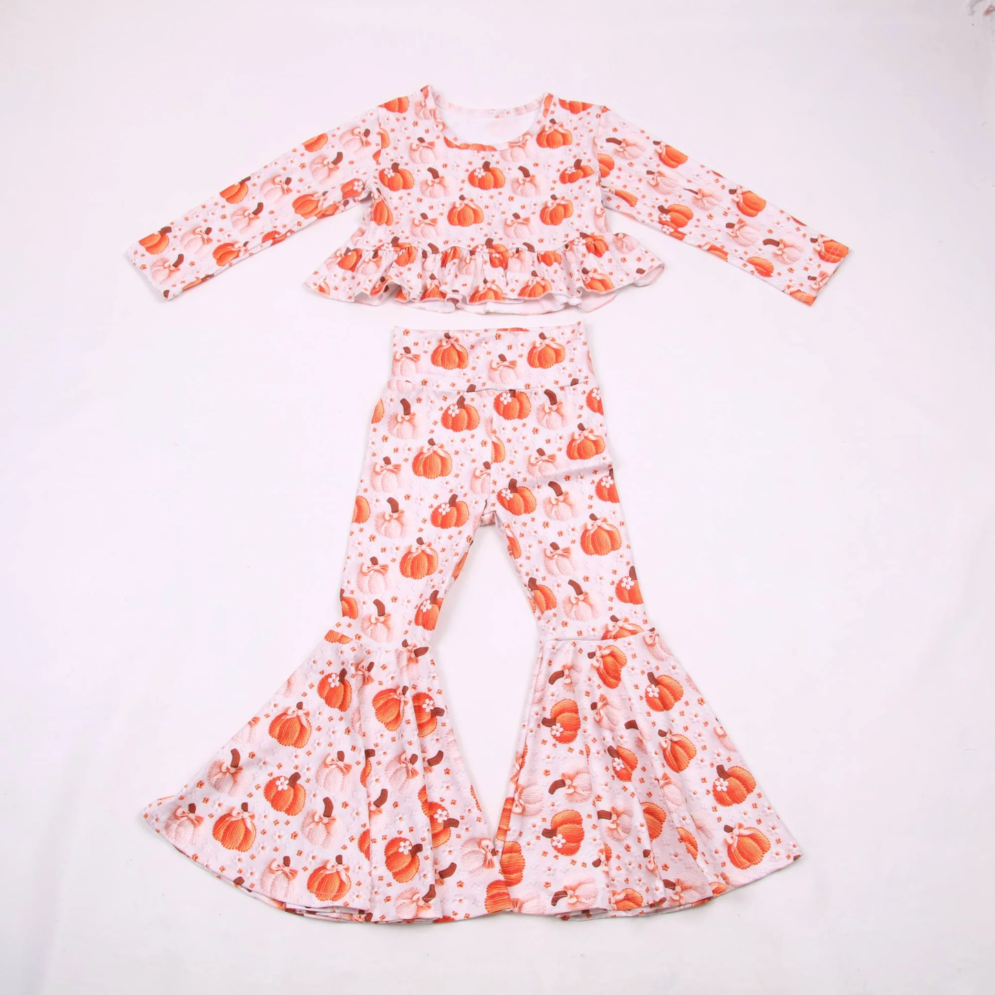 Preorder Baby Girls Kids Pumpkins Bows Ruffle Tops Bell Pants Set Fall Clothes ( Moq 5 )