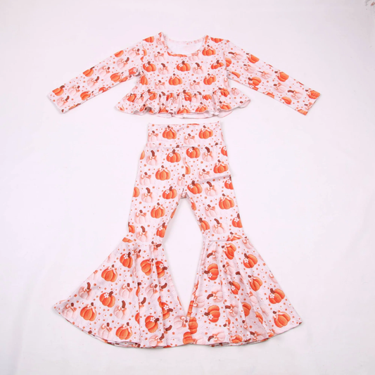 Preorder Baby Girls Kids Pumpkins Bows Ruffle Tops Bell Pants Set Fall Clothes ( Moq 5 )
