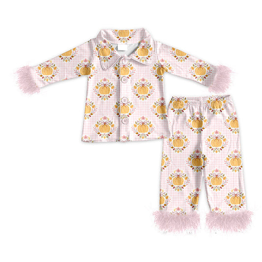Preorder Baby Girls Pink Fur Long Sleeves Bows Pumpkins Flower Buttons Shirt Pants Fall Pajamas Set  ( Moq 5 )