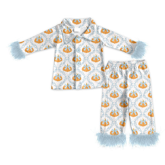 Preorder Baby Girls Kids Fur Long Sleeves Bows Pumpkins Buttons Shirt Pants Fall Pajamas Set  ( Moq 5 )