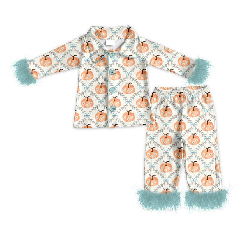 Preorder Baby Girls Kids Fur Long Sleeves Flower Pumpkins Buttons Shirt Pants Fall Pajamas Set ( Moq 5 )