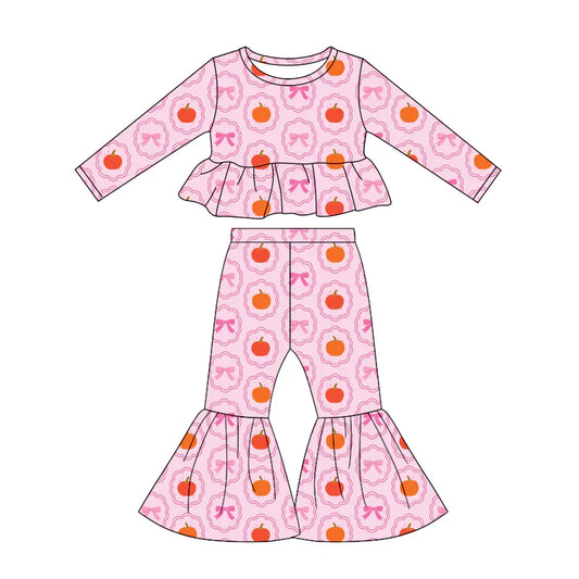 Preorder Baby Girls Kids Long Sleeves Tops Pumpkins Bows Bell Pants Fall Set Pink Clothes ( Moq 5 )