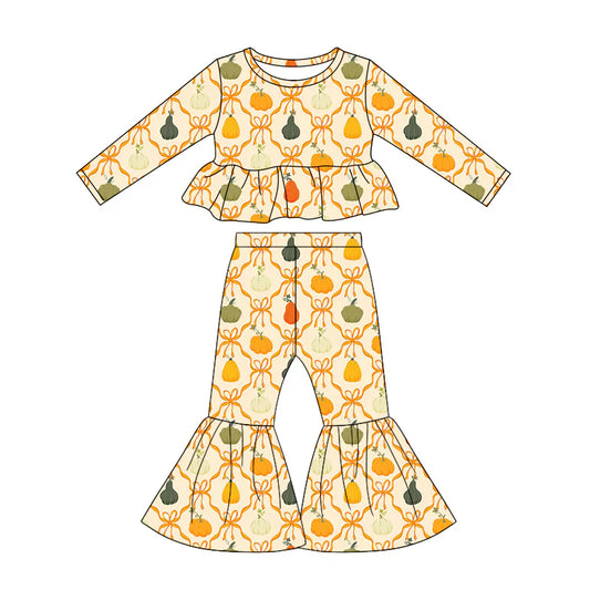 Preorder Baby Girls Kids Long Sleeves Tops Pumpkins Bows Bell Pants Fall Set Clothes ( Moq 5 )