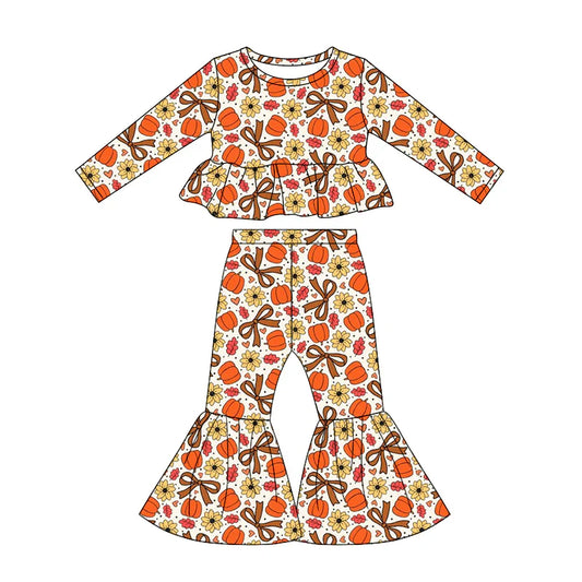 Preorder Baby Girls Kids Pumpkins Bows Flower Tops Bell Pants Fall Set Clothes ( Moq 5 )