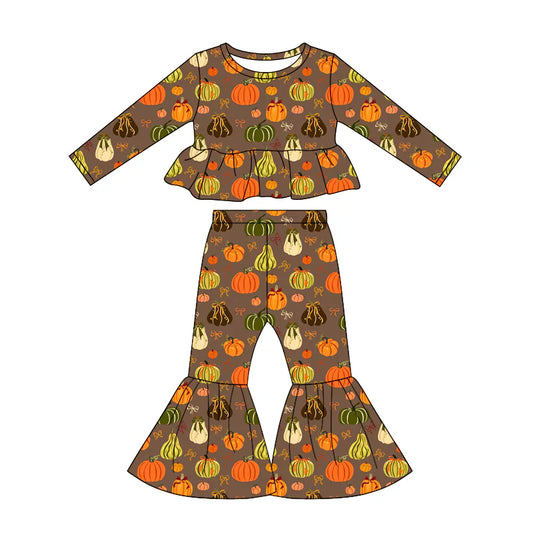 Preorder Baby Girls Kids Pumpkins Bows Tops Bell Pants Set Fall Clothes ( Moq 5 )