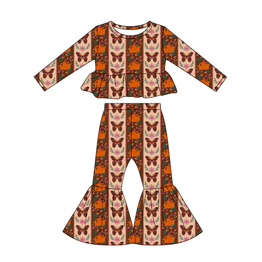 Preorder Baby Girls Kids Pumpkins Butterfly Flower Tops Bell Pants Set Fall Clothes ( Moq 5 )
