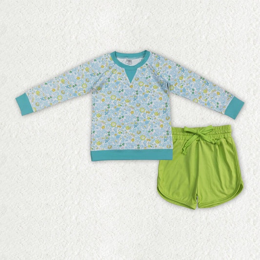 Baby Girls Kids Long Sleeves Floral Shirt Green Shorts Clothes Set