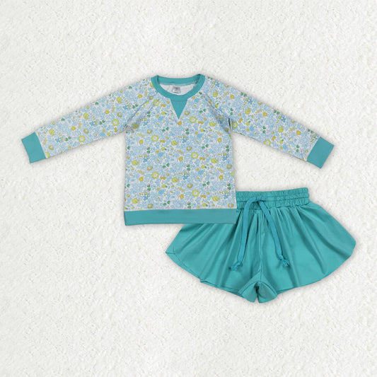 Baby Girls Long Sleeves Floral Shirt Green Ruffle Shorts Yoga Active Clothes Set