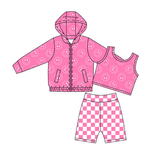 Preorder Baby Girls Smile Zipper Pockets Hoodie Tops Shorts Yoga Active Set Clothes ( Moq 5 )