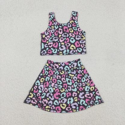 RTS Sibling Baby Girls Kids Sleeveless Leopard Tops Skorts Shorts Yoga Active Sibling Sets