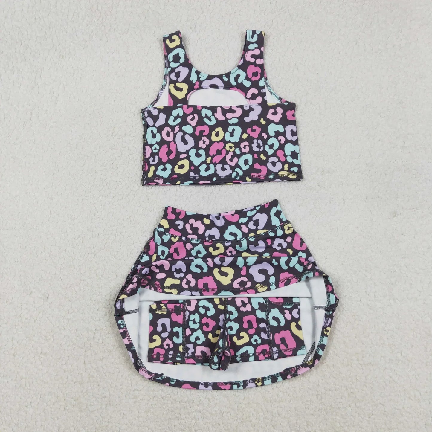 RTS Sibling Baby Girls Kids Sleeveless Leopard Tops Skorts Shorts Yoga Active Sibling Sets