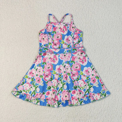 RTS Baby Girls Kids Straps Flower Knee Length Dress Sibling Active Yoga Clothes