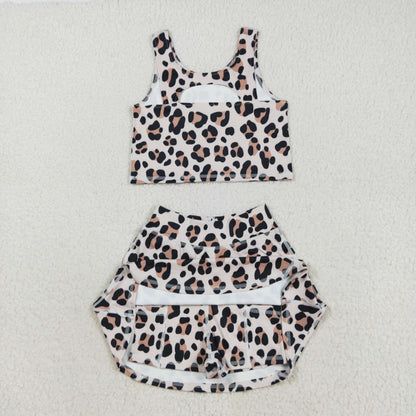 RTS Sibling Baby Girls Kids Sleeveless Leopard Tops Skorts Shorts Yoga Active Sibling Sets