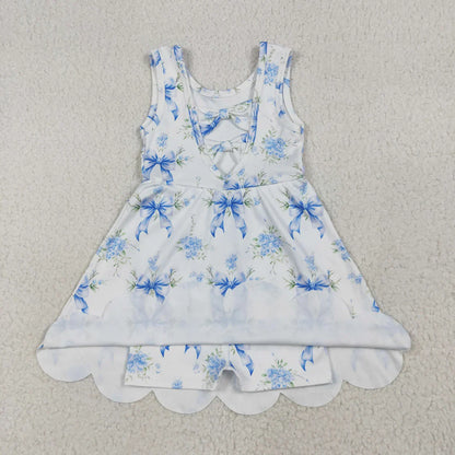 Sibling Baby Girls Kids Sleeveless Bows Floral Shorts Knee Length Dresses Clothes