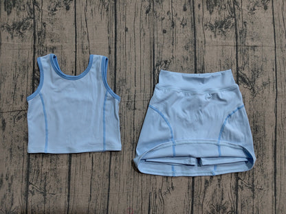 Preorder Baby Girl Sleeveless Blue Vest Tops Shorts Skirt Skort Yoga Active Set