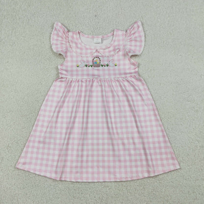 RTS Sibling Baby Girls Kids Short Sleeves Embroidery Rabbits Eggs Easter Pink Plaid Romper Dress