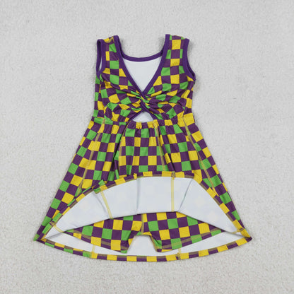 Sibling Baby Girls Kids Mardi Gras Checked Yoga Active Shorts Dress Set