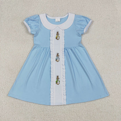 RTS Sibling Baby Girls Short Sleeves Embroidery Rabbits Easter Ruffle Blue Bubble Romper Dress
