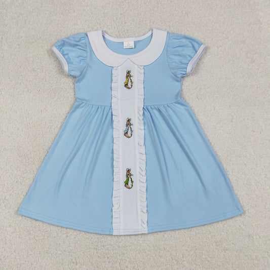 RTS Sibling Baby Girls Short Sleeves Embroidery Rabbits Easter Ruffle Blue Bubble Romper Dress
