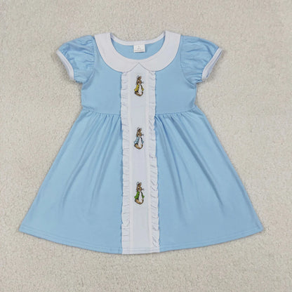 RTS Sibling Baby Boys Girls Embroidery Rabbits Blue Rompers Sets Easter Clothes
