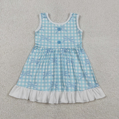 Sibling Baby Girls Kids Sleeveless Bows Plaid Buttons Ruffle Knee Length Dress