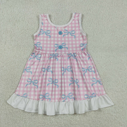 Sibling Baby Girls Kids Sleeveless Bows Plaid Buttons Ruffle Knee Length Dress