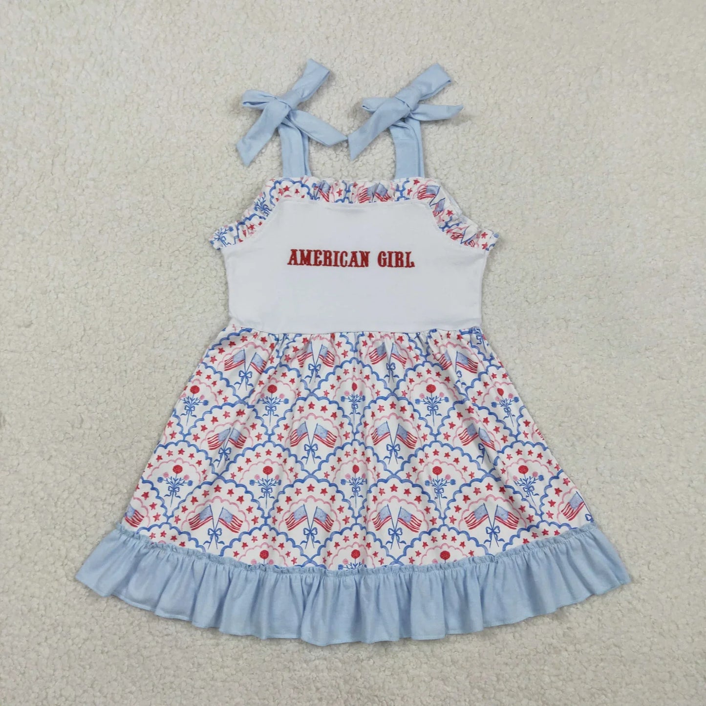 RTS Sibling Baby Girls Kids Flags Bows Stars 4th of July Knee Length Dresses Embroidery Clothes