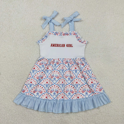 RTS Sibling Baby Girls Kids Flags Bows Stars 4th of July Knee Length Dresses Embroidery Clothes