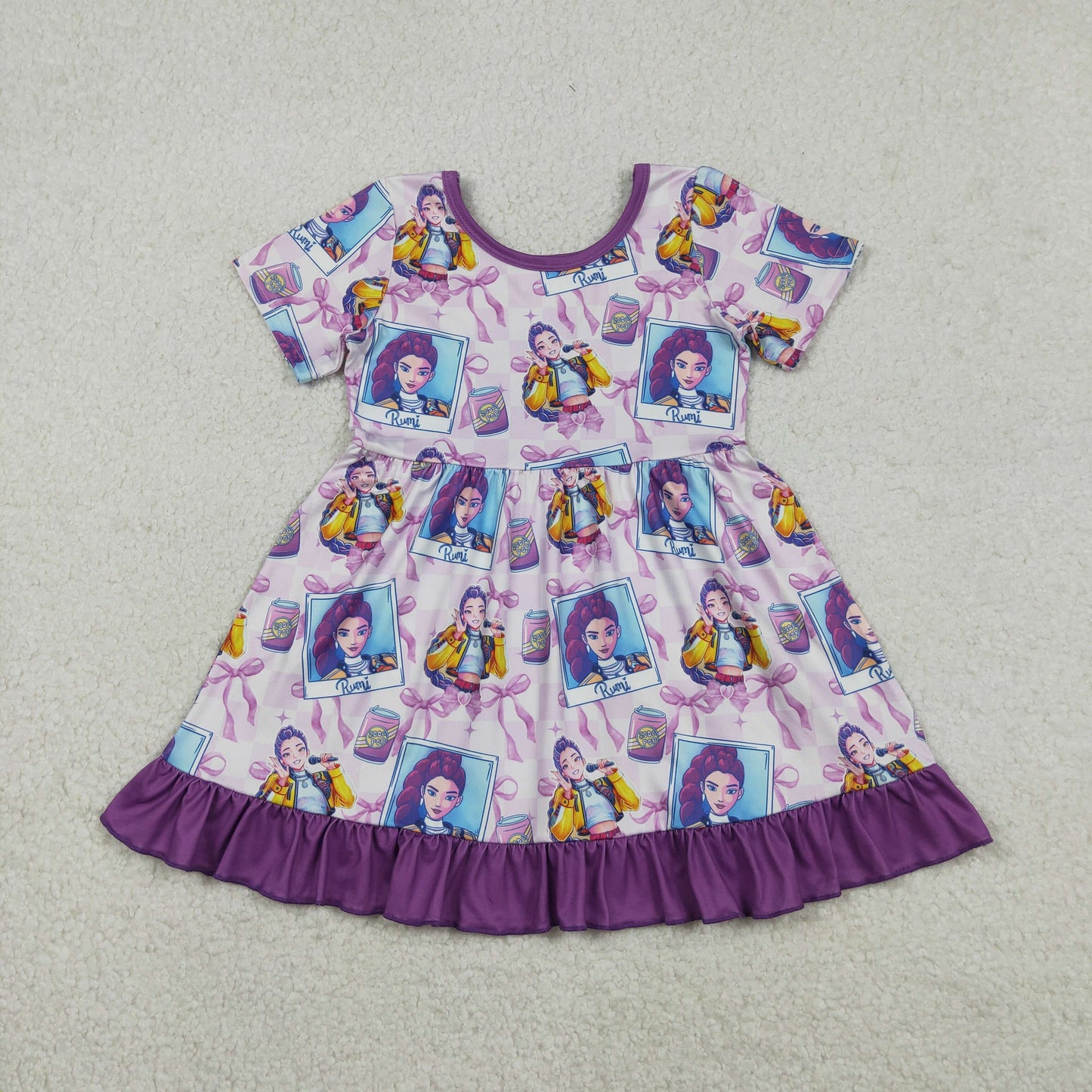 Sibling Baby Girls Short Sleeves Singer Characters Purple Bows Dress Pajamas Set