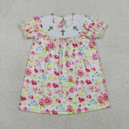 RTS Sibling Baby Girls Kids Short Sleeves Embroidery Crosses Flower Easter Knee Length Dresses