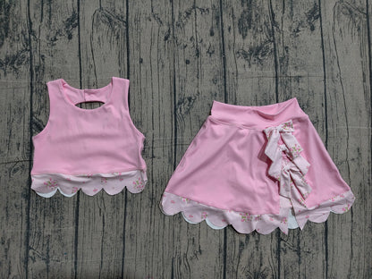 Preorder Baby Girls Pink Sleeveless Tops Bows Skirt Shorts Yoga Clothes Set