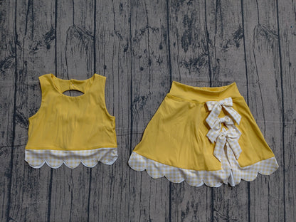 Preorder Baby Girls Yellow Sleeveless Tops Bows Skirt Shorts Yoga Clothes Set
