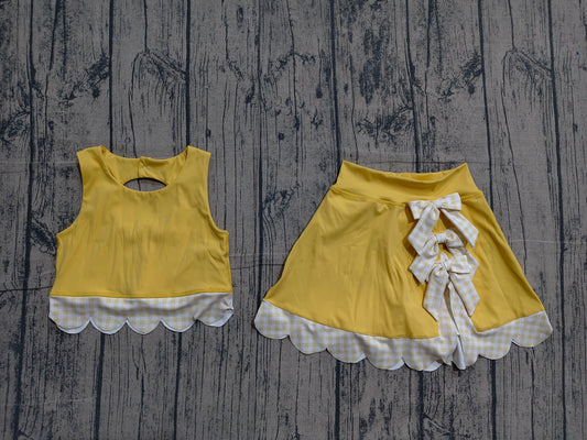 Preorder Baby Girls Yellow Sleeveless Tops Bows Skirt Shorts Yoga Clothes Set