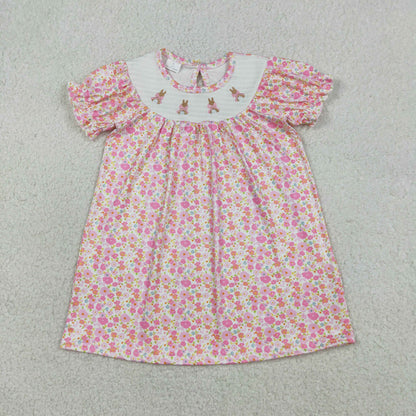 RTS Sibling Baby Girls Kids Short Sleeves Embroidery Rabbits Bows Flower Easter Romper Dress