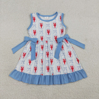 RTS Sibling Baby Girls Kids Sleeveless Crawfish Blue Bows Stripes 4th of July Romper Dress Set