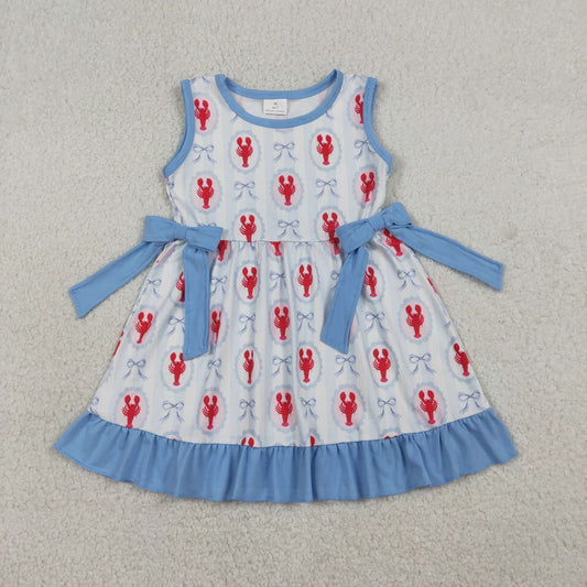 RTS Sibling Baby Girls Kids Sleeveless Crawfish Blue Bows Stripes 4th of July Romper Dress Set