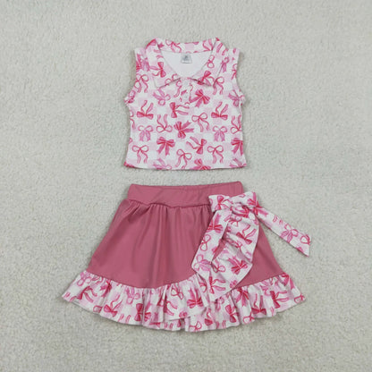 RTS Sibling Baby Girls Bows Flower Buttons Tops Ruffle Pink Skirts Shorts Yoga Active Clothes Sets