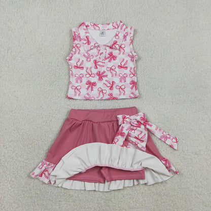 RTS Sibling Baby Girls Bows Flower Buttons Tops Ruffle Pink Skirts Shorts Yoga Active Clothes Sets