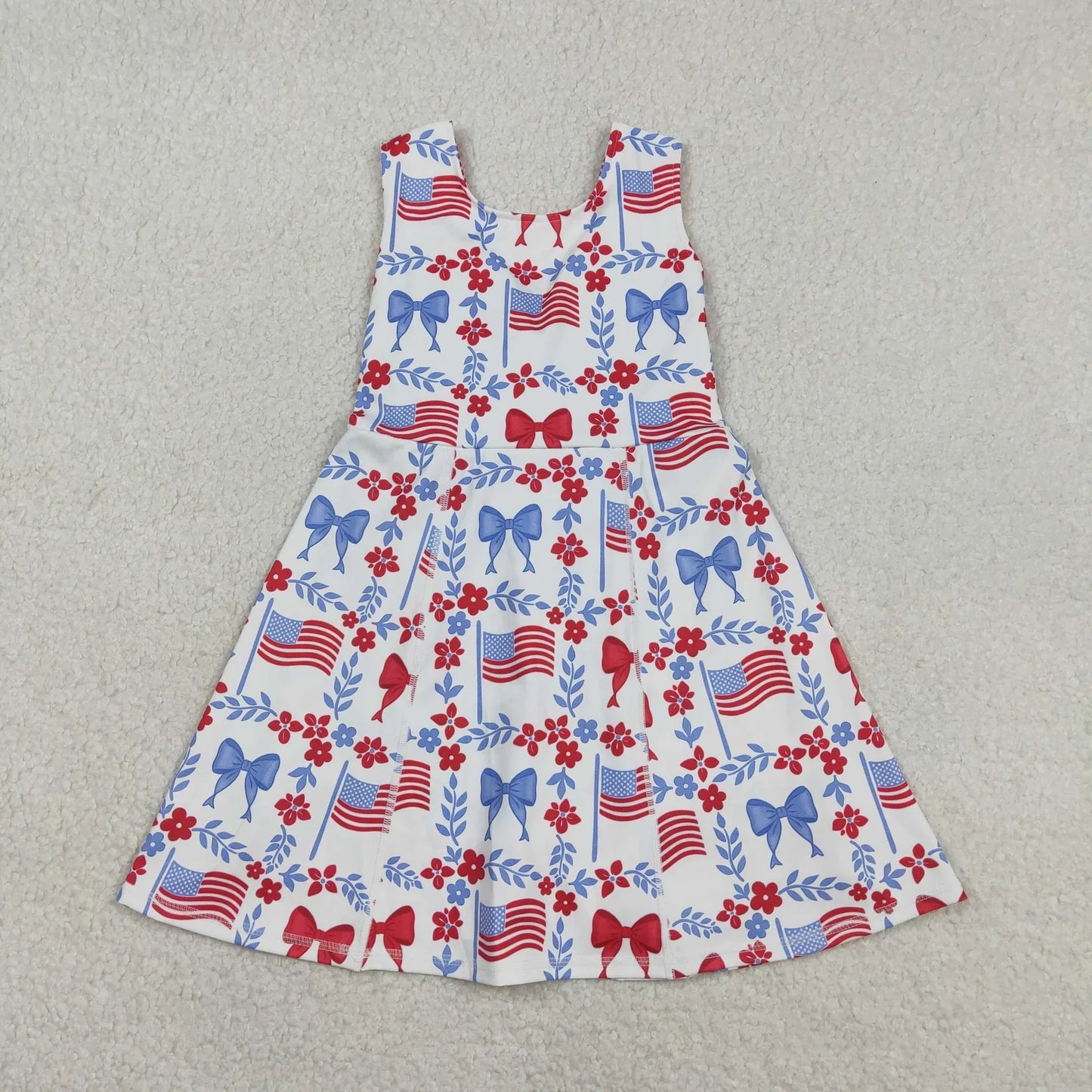 RTR Sibling Baby Girls Kids Sleeveless Flags Bows Flower Shorts Dress Sets 4th of July Clothes