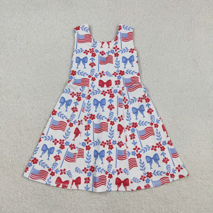 RTR Sibling Baby Girls Kids Sleeveless Flags Bows Flower Shorts Dress Sets 4th of July Clothes