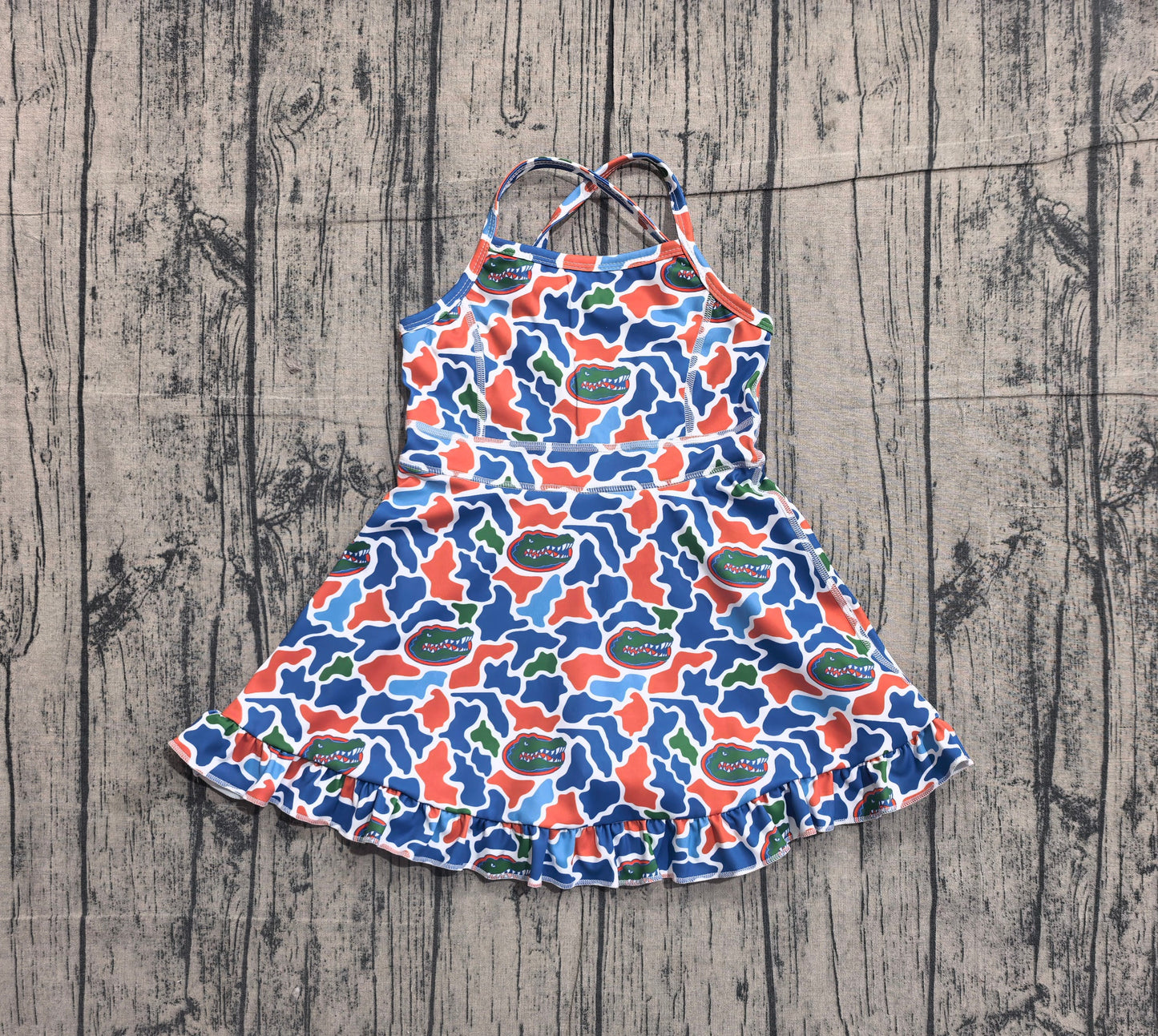 Preorder Baby Girls Kids Straps Blue Orange Camo Print Team Yoga Ruffle Knee Length Dress