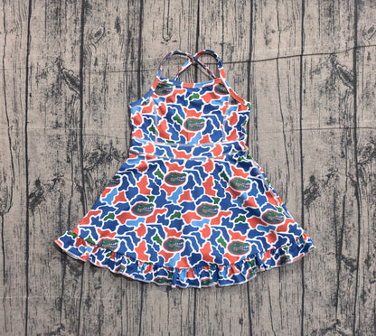 Preorder Baby Girls Kids Straps Blue Orange Camo Print Team Yoga Ruffle Knee Length Dress