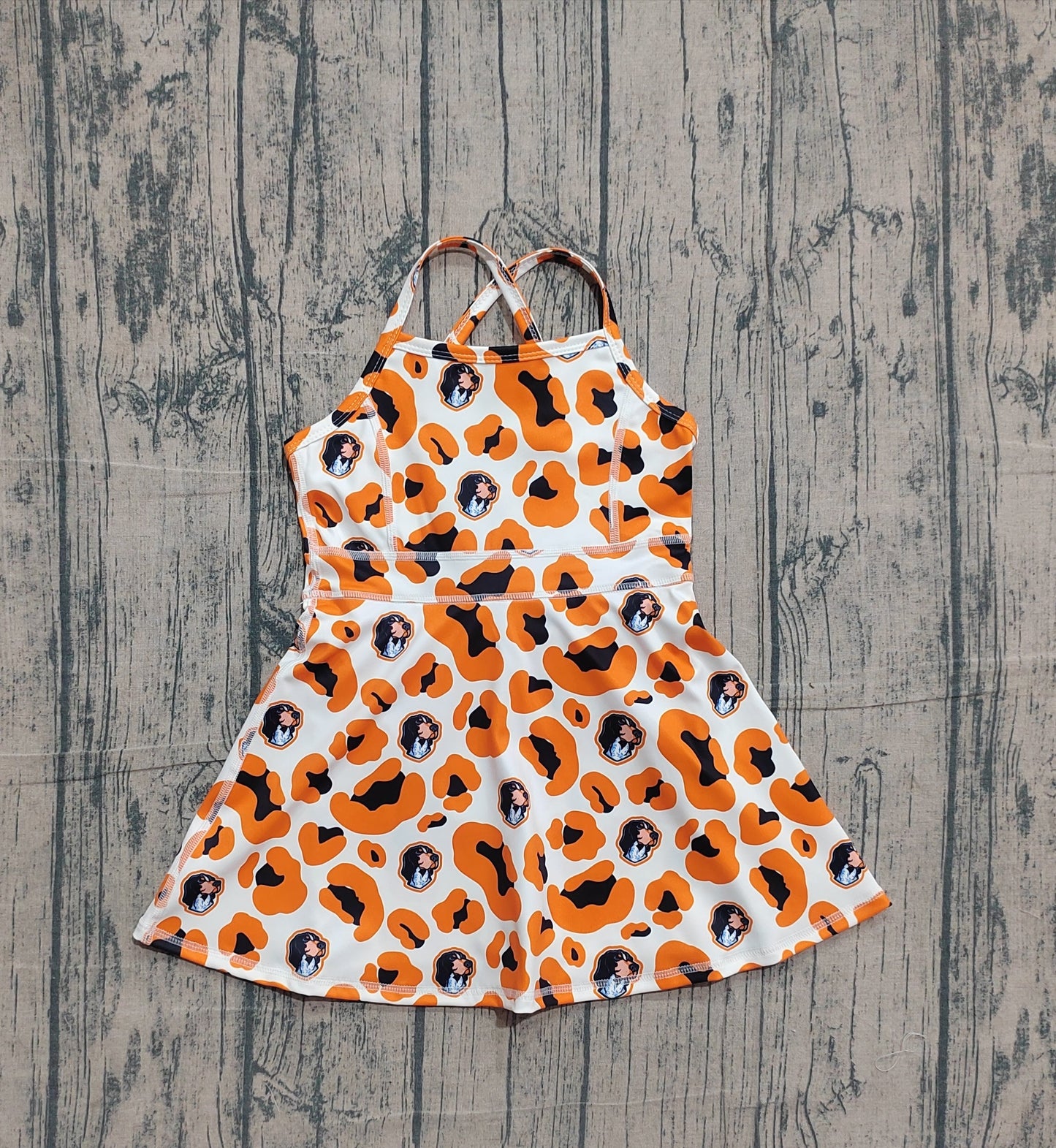 RTS Baby Girls Kids Straps Orange Leopard Dogs Team Yoga Active Shorts Knee Length Dress