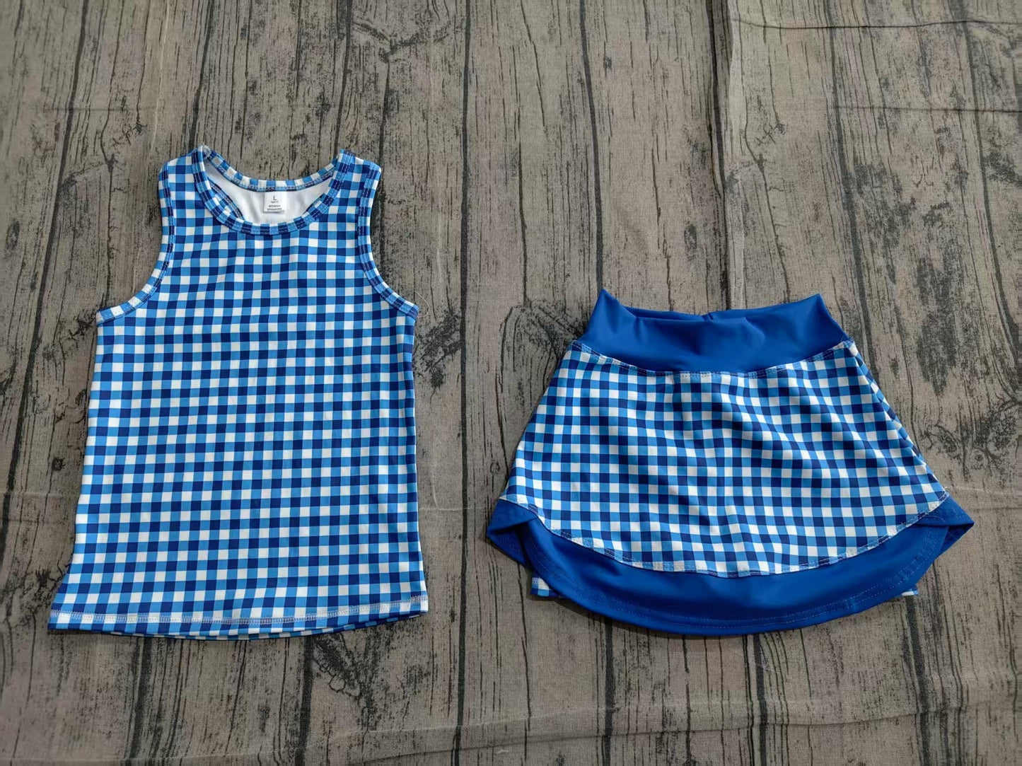 Preorder Baby Girls Kids Sleeveless Blue Plaid Tops Shorts Skirt Yoga Active Clothes Set