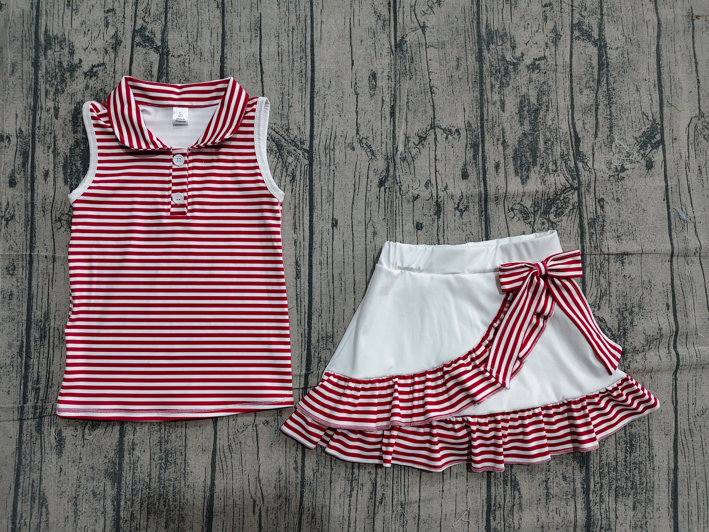 Preorder Baby Girls Dark Red Stripes Buttons Tops Ruffle Shorts Skirt Yoga Clothes Set